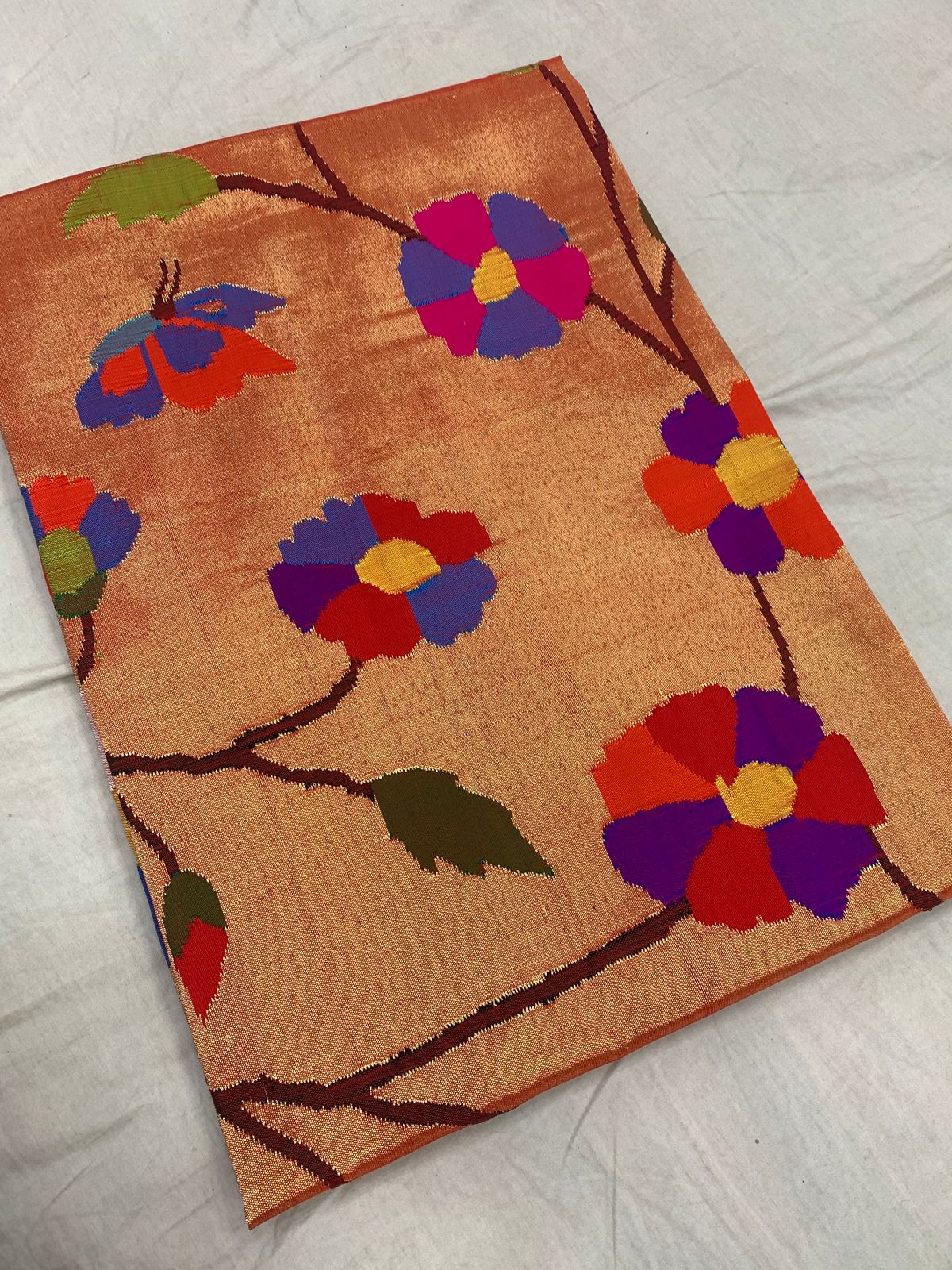 Golden Handloom Paithani Brocade Pure Silk Blouse Piece Fabric ( 1 Mtr ) - Luxurion World
