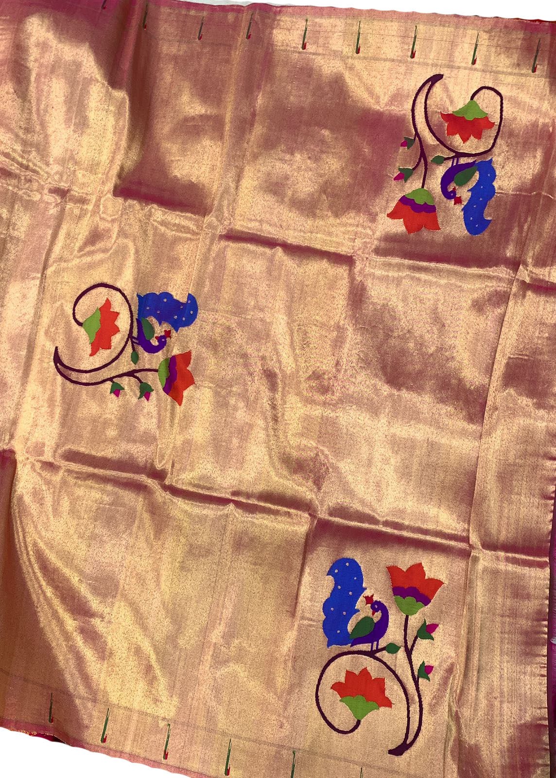 Golden Handloom Paithani Pure Silk Blouse Piece Peacock Design Fabric - Luxurion World