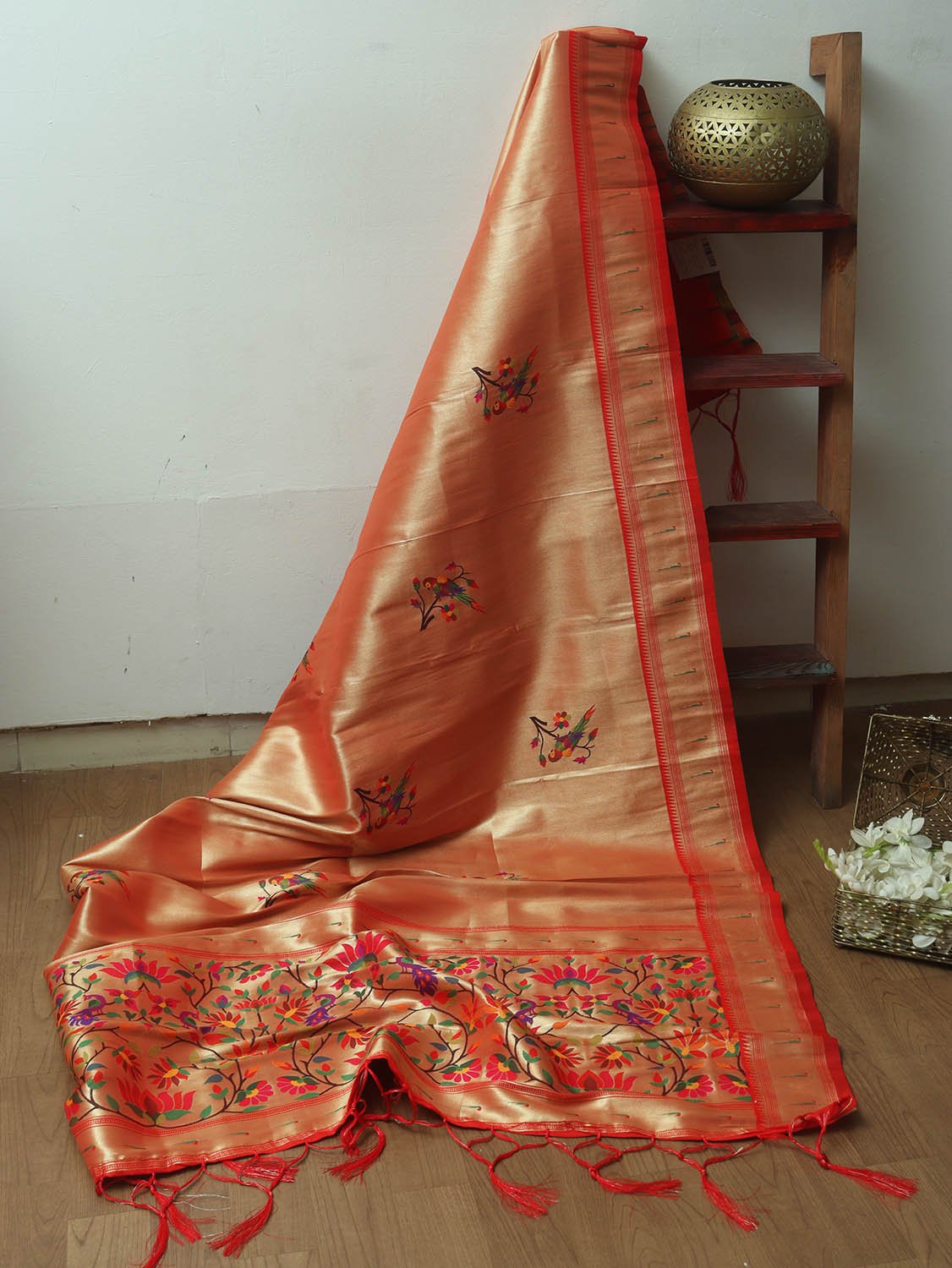 Golden Paithani Brocade Silk Peacock And Floral Design Dupatta - Luxurion World