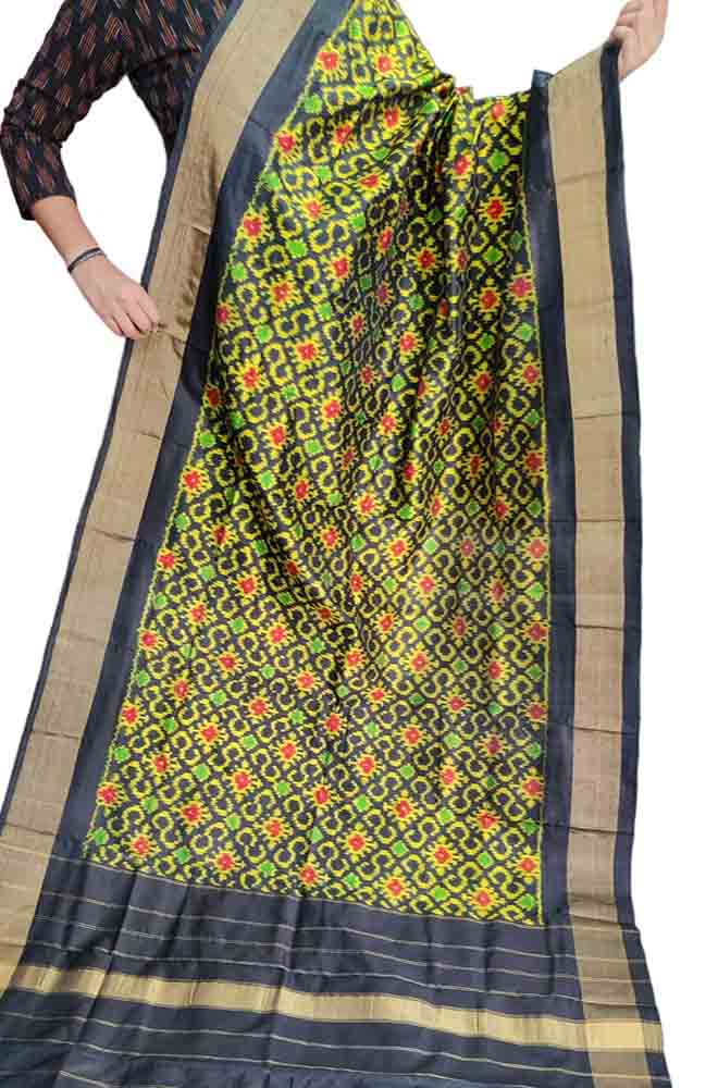 Green And Black Handloom Ikat Pure Silk Dupatta - Luxurion World