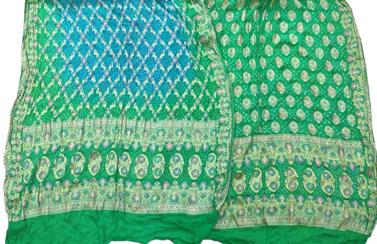Green And Blue Banarasi Bandhani Pure Georgette Three Piece Unstitched Suit Set - Luxurion World
