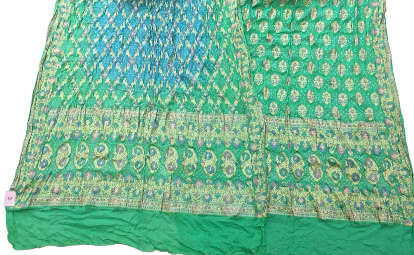 Green And Blue Banarasi Bandhani Pure Georgette Three Piece Unstitched Suit Set - Luxurion World