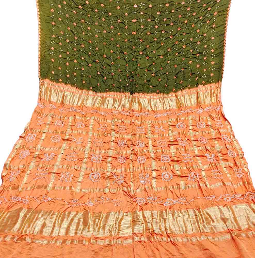 Green And Orange Checks Bandhani Gajji Silk Gharchola Saree - Luxurion World