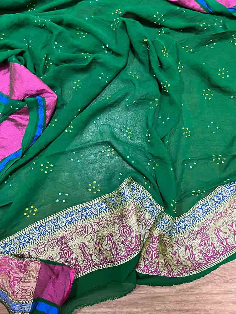 Green Banarasi Bandhani Pure Georgette Neemzari Saree - Luxurion World