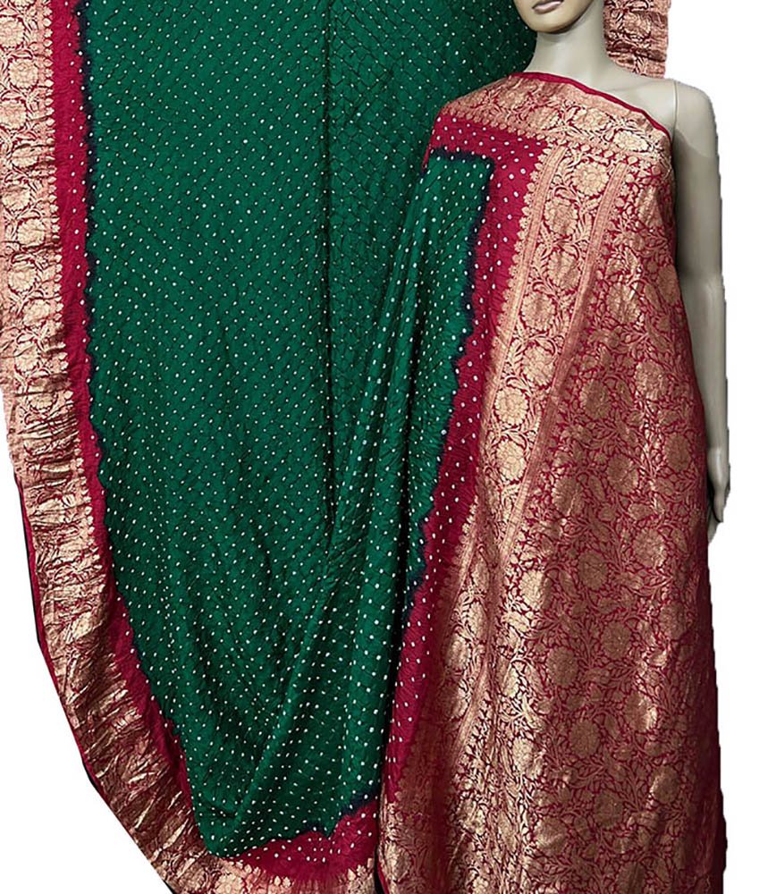 Green Bandhani Pure Silk Kanjeevaram Border Saree - Luxurion World