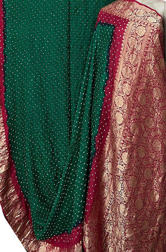 Green Bandhani Pure Silk Kanjeevaram Border Saree - Luxurion World