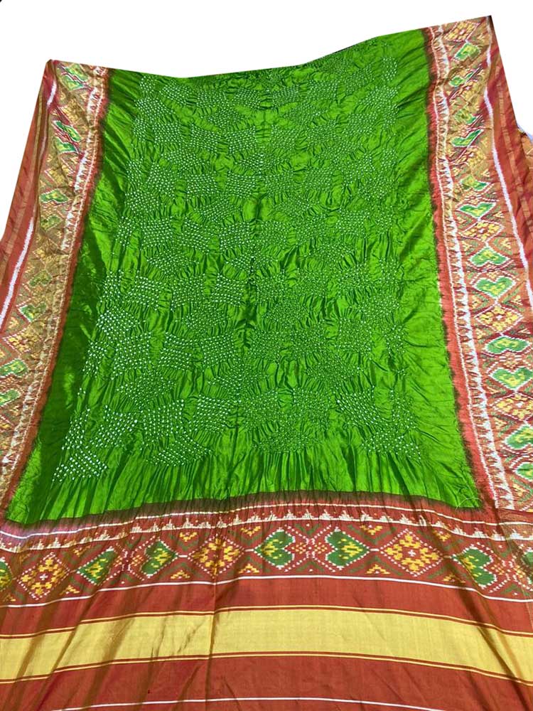 Green Bandhani Single Ikat Patola Pure Silk Dupatta - Luxurion World