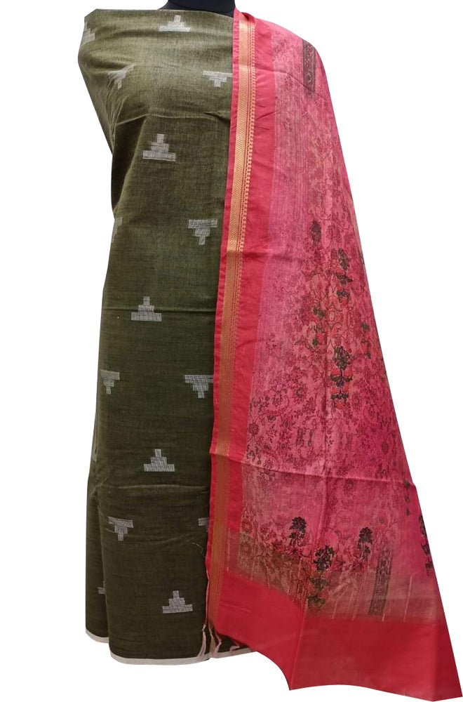 Green Bhagalpur Linen Two Piece Unstitched Suit Set With Digital Printed Dupatta - Luxurion World