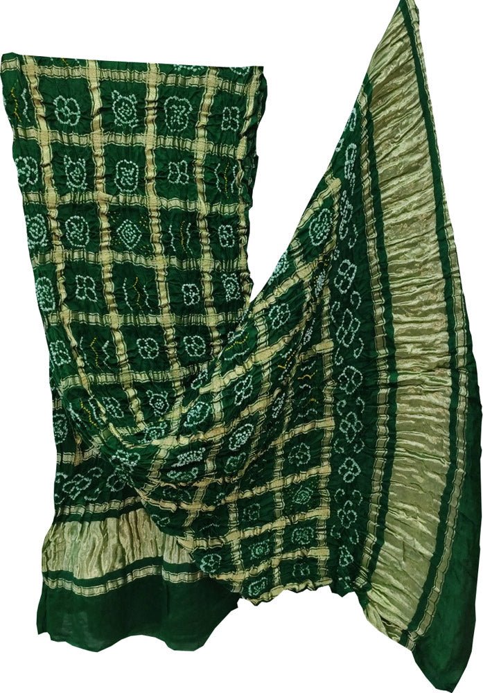 Green Checks Bandhani Pure Gajji Silk Tissue Border Dupatta - Luxurion World