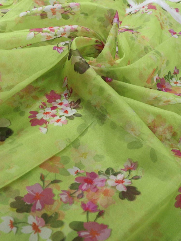 Green Digital Printed Organza Silk Floral Design Fabric ( 1 Mtr ) - Luxurion World