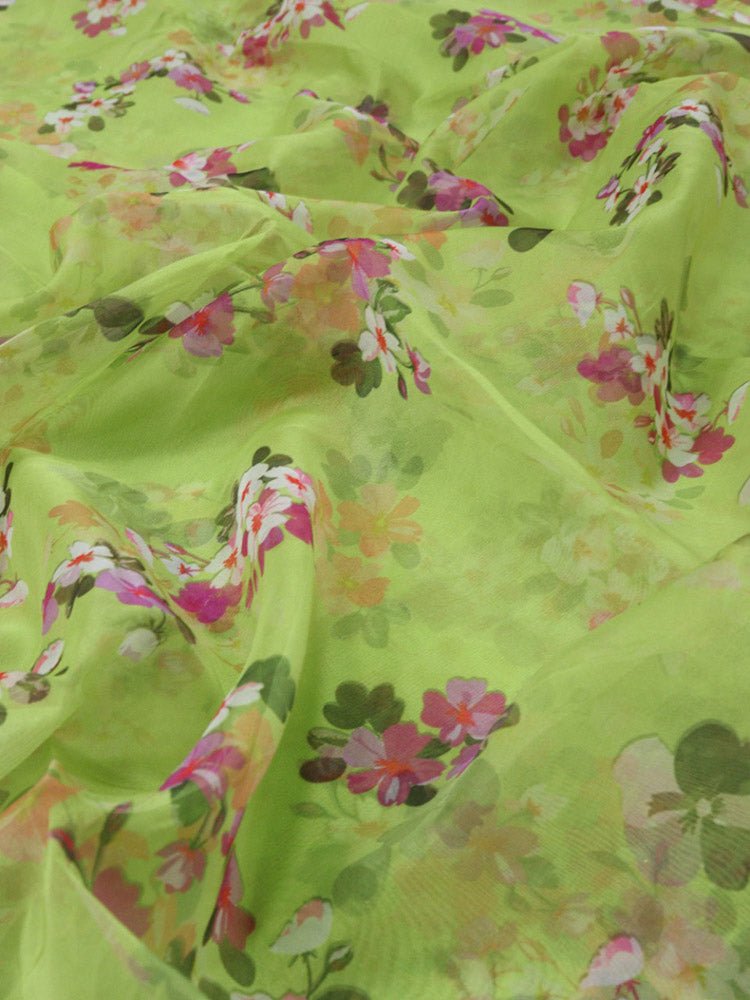 Green Digital Printed Organza Silk Floral Design Fabric ( 1 Mtr ) - Luxurion World