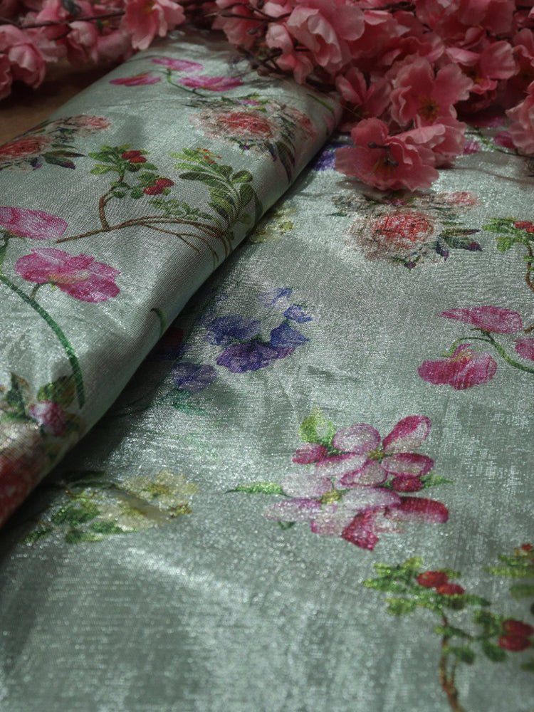 Green Digital Printed Tissue Lorex Fabric ( 1 Mtr ) - Luxurion World