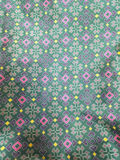 Green Digital Printed Tussar Silk Patola Design Fabric ( 1 Mtr ) - Luxurion World