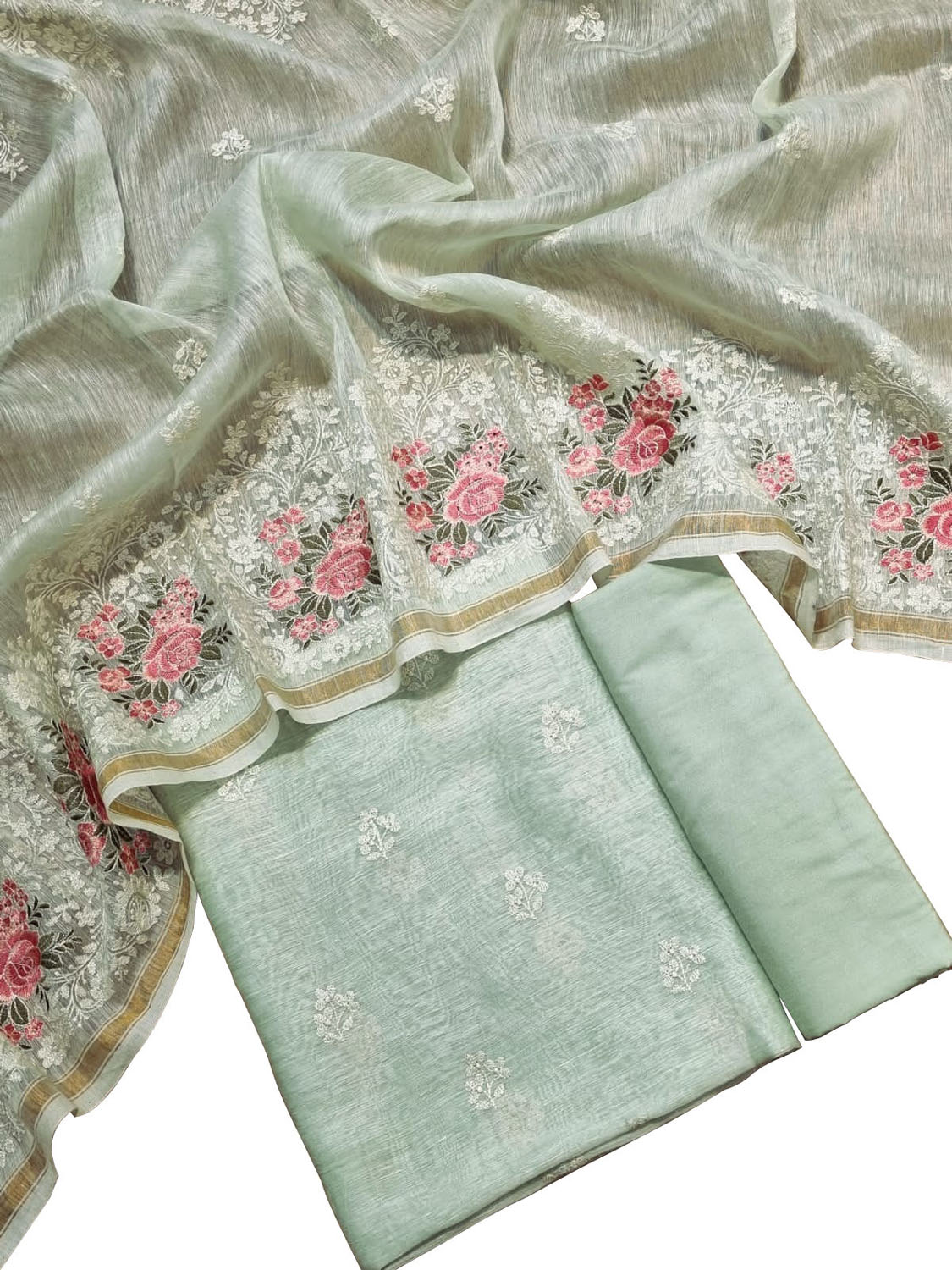 Green Embroidered Banarasi Linen Silk Three Piece Unstitched Suit Set - Luxurion World