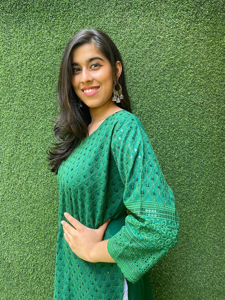 Green Embroidered Chikankari Cotton Stitched Kurti - Luxurion World