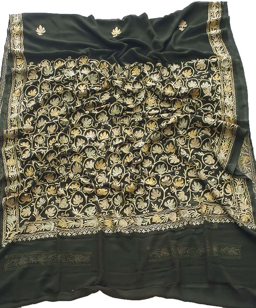 Green Embroidered Kashmiri Aari Work Georgette Saree - Luxurion World
