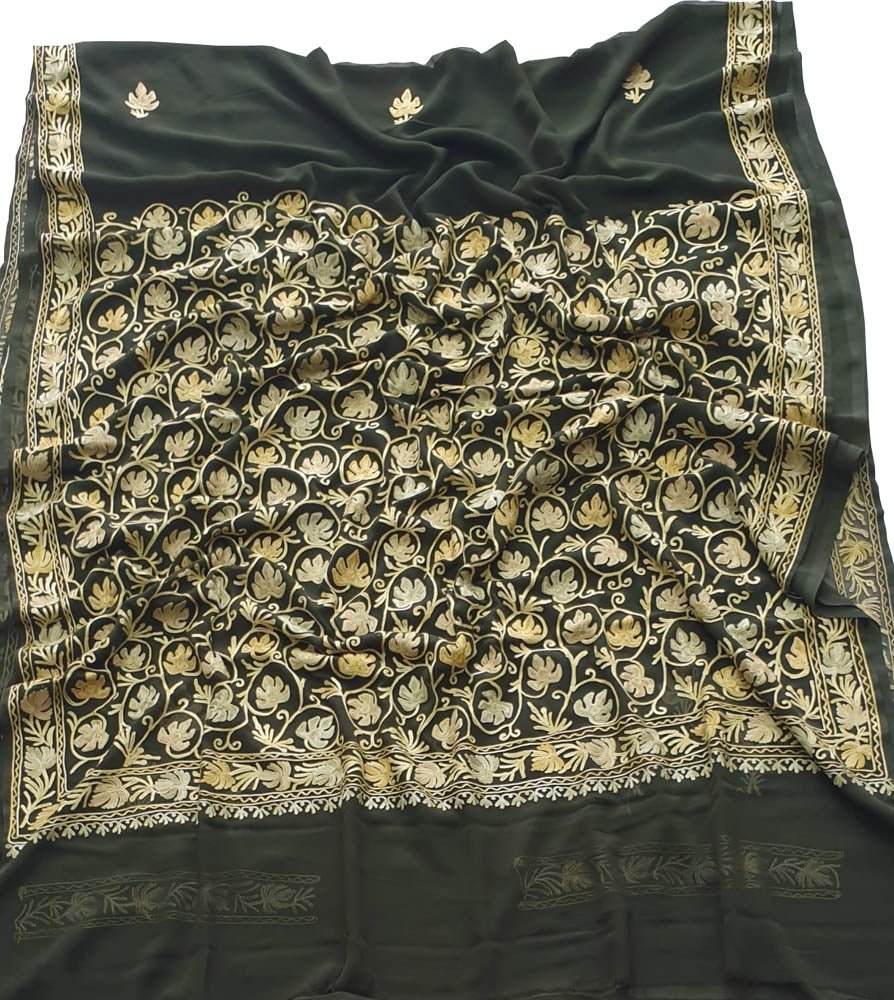Green Embroidered Kashmiri Aari Work Georgette Saree - Luxurion World
