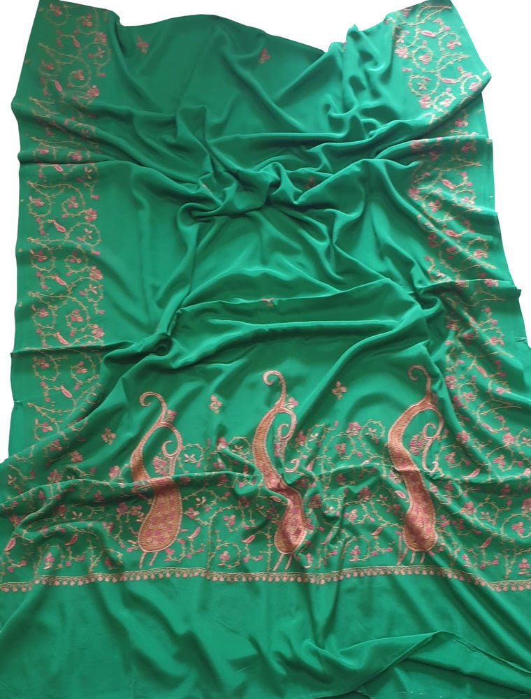 Green Embroidered Kashmiri Sozni Work Crepe Flower Design Saree - Luxurion World