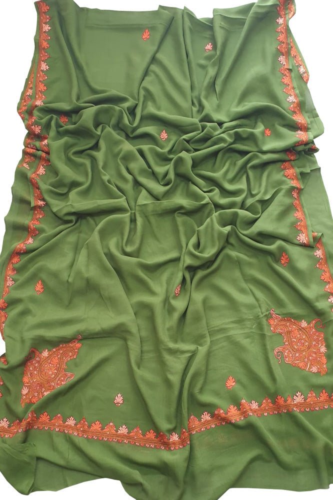Green Embroidered Kashmiri Sozni Work Crepe Flower Design Saree - Luxurion World
