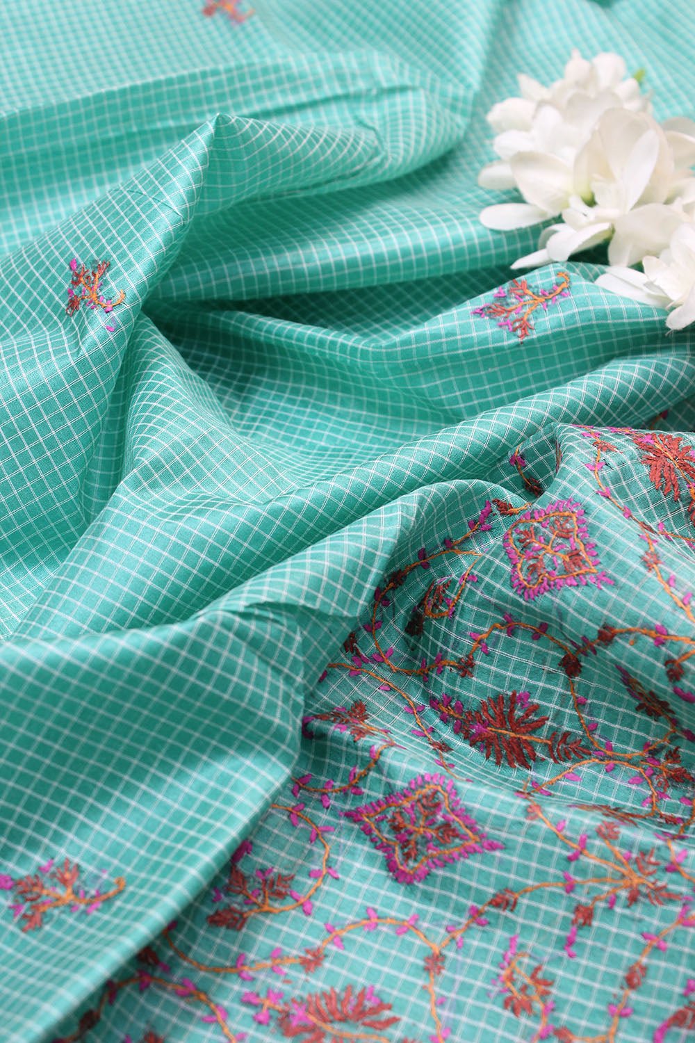 Green Embroidered Kashmiri Sozni Work Pure Silk Saree - Luxurion World