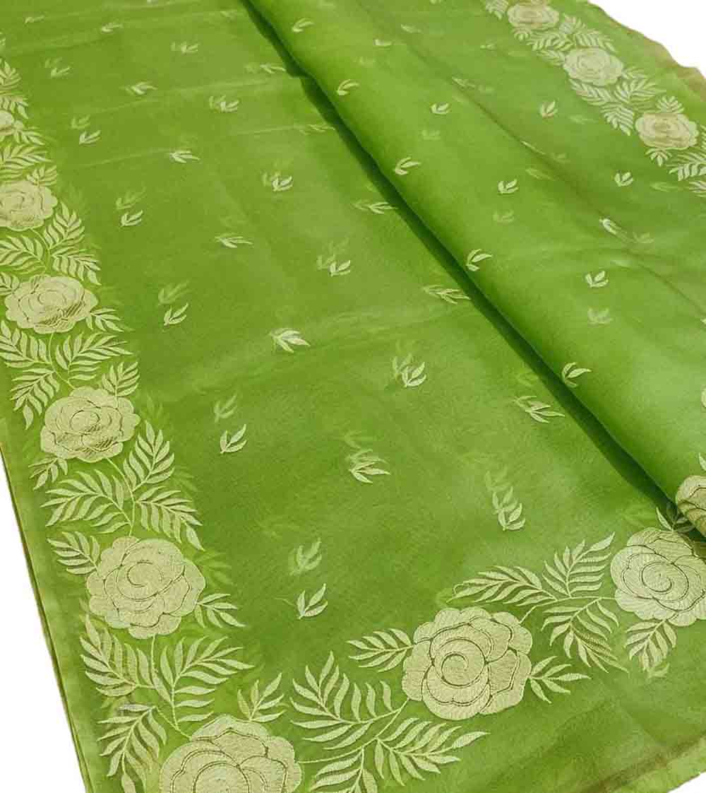 Green Embroidered Kota Organza Silk Floral Design Saree - Luxurion World