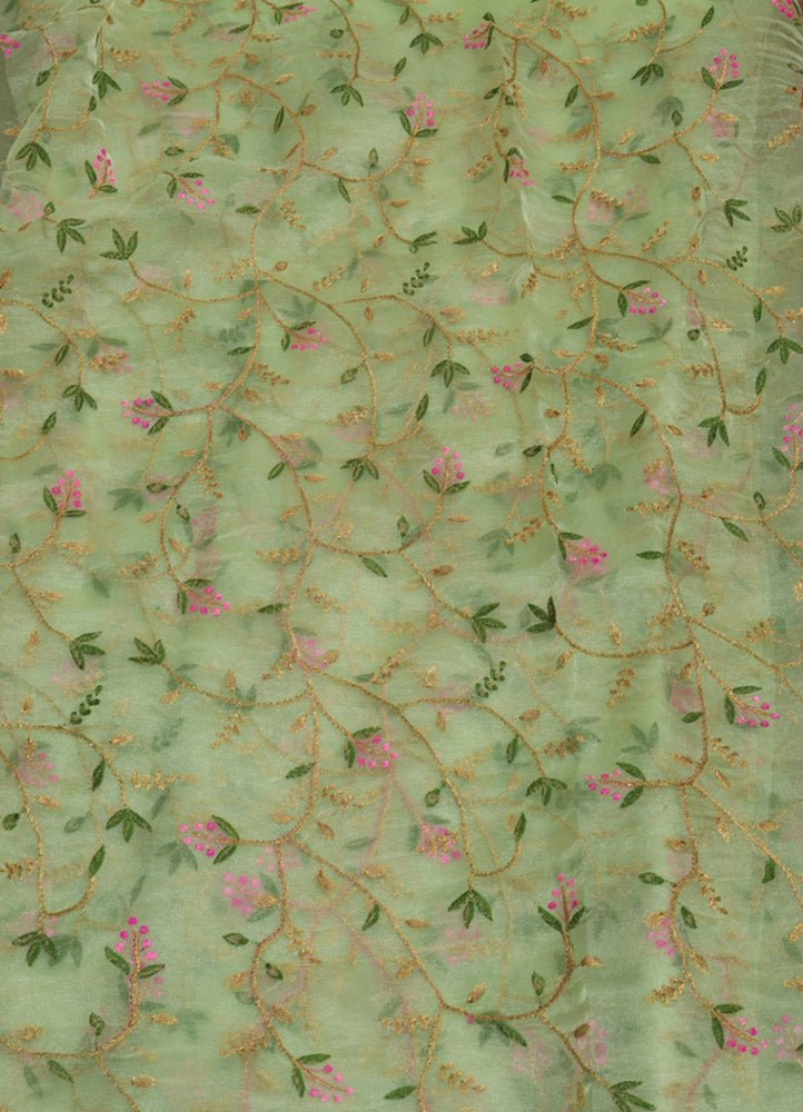Green Embroidered Trendy Organza Silk Floral Design Fabric ( 1 Mtr ) - Luxurion World