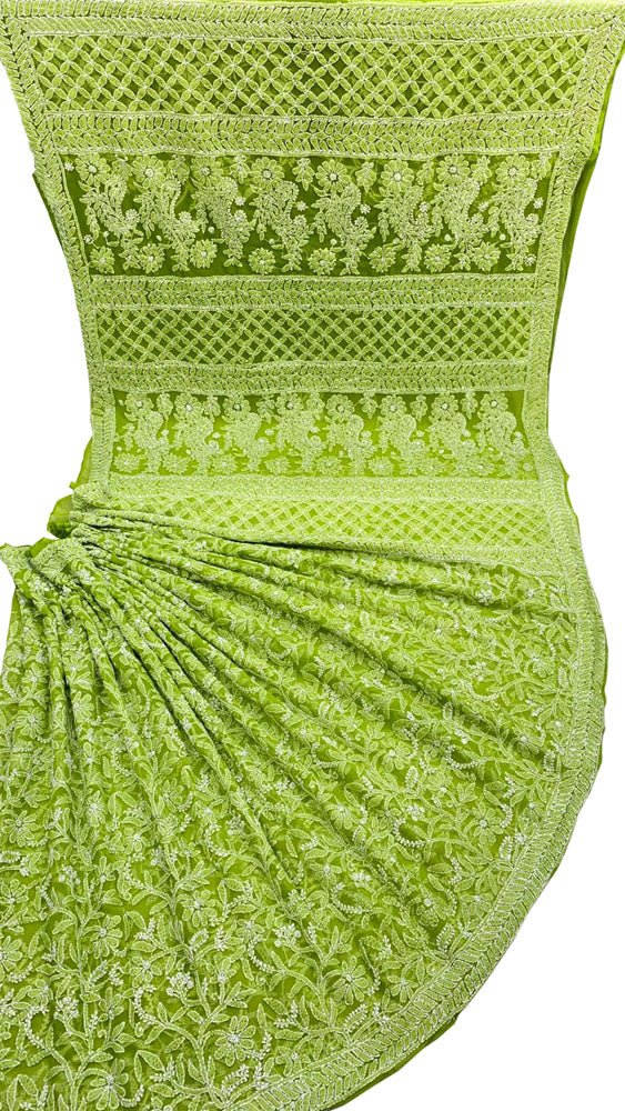 Green Hand Embroidered Chikankari Chiffon Georgette Saree - Luxurion World