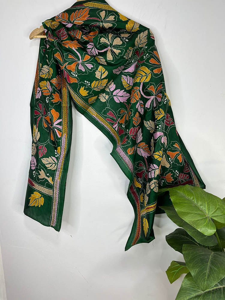 Green Hand Embroidered Kantha Pure Bangalore Silk Stole - Luxurion World