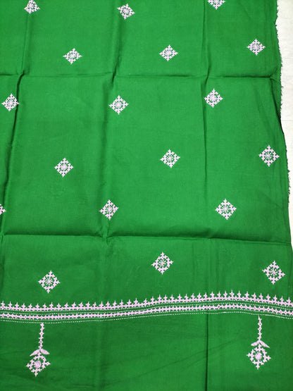 Green Hand Embroidered Kantha Pure Cotton Three Piece Unstitched Suit Set - Luxurion World