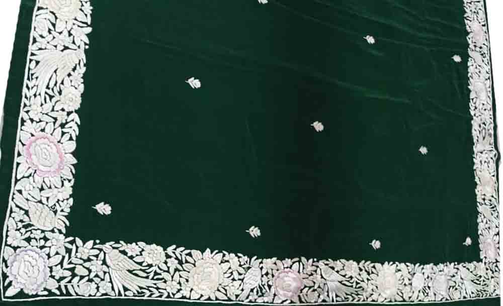 Green Hand Embroidered Parsi Gara Crepe Floral And Bird Design Saree - Luxurion World
