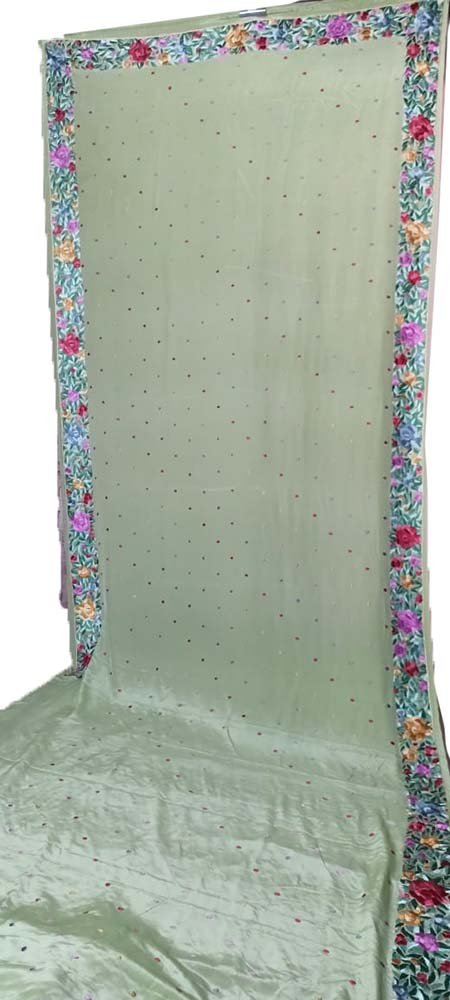 Green Hand Embroidered Parsi Gara Crepe Floral Design Saree - Luxurion World