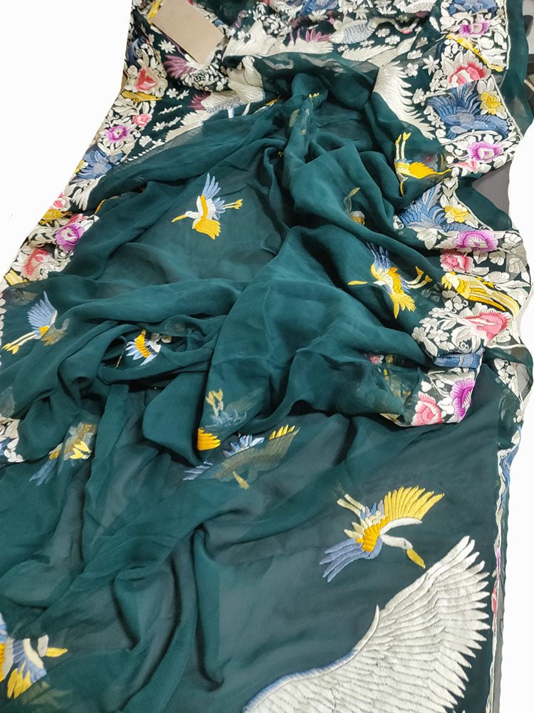 Green Hand Embroidered Parsi Gara Pure Georgette Dupatta - Luxurion World