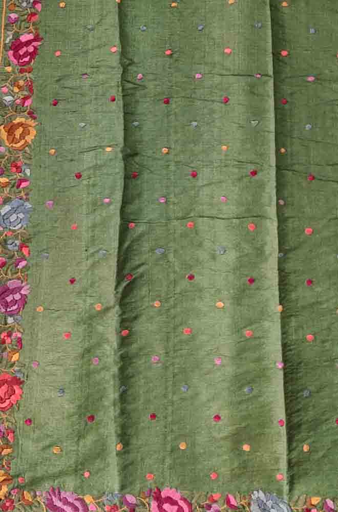 Green Hand Embroidered Parsi Gara Tussar Silk Saree - Luxurion World