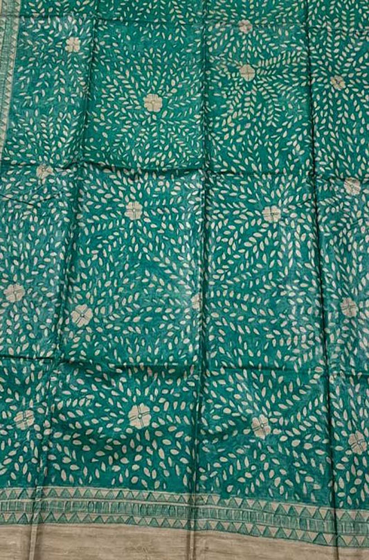 Green Hand Painted Madhubani Tussar Silk Saree