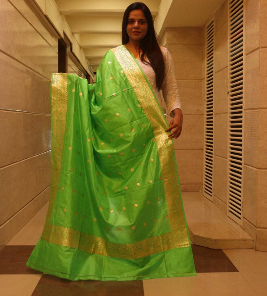 Green Handloom Banarasi Pure Katan Silk Dupatta - Luxurion World