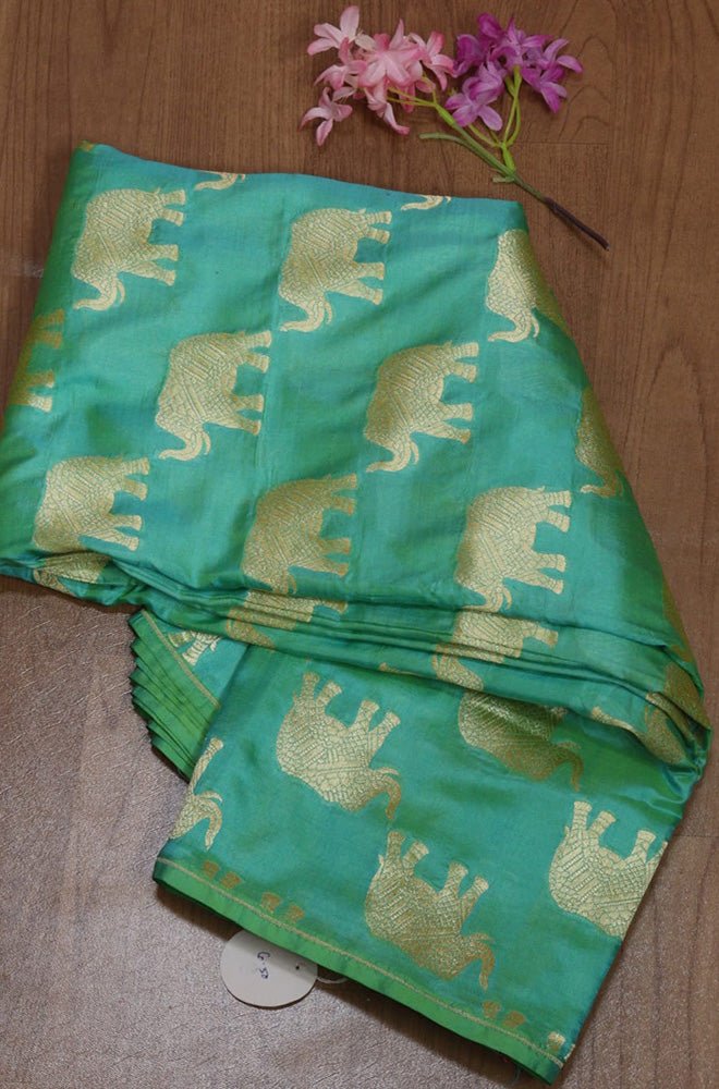 Green Handloom Banarasi Pure Katan Silk Elephant Design Fabric (1 Mtr) - Luxurion World