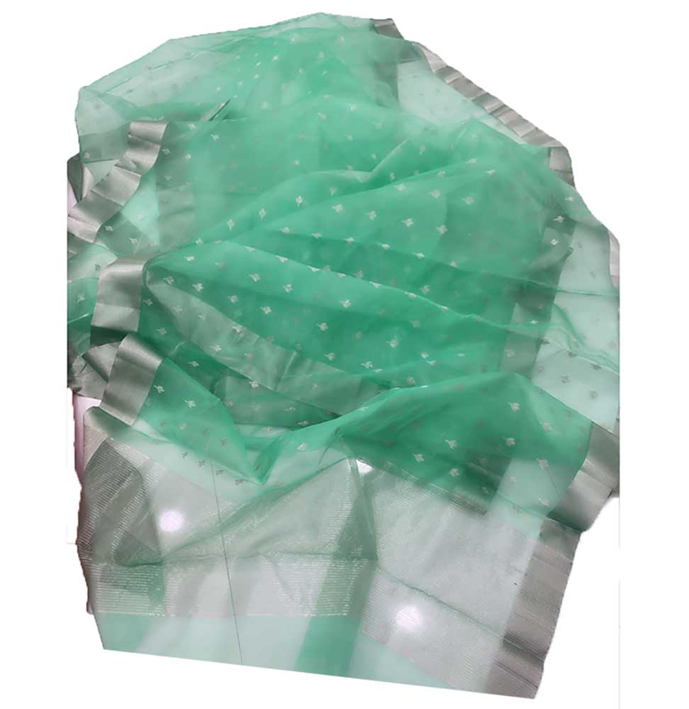 Green Handloom Chanderi Pure Katan Organza Silk Saree - Luxurion World