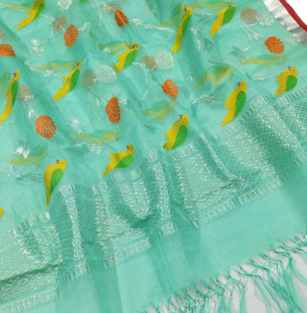 Green Handloom Kota Doria Real Zari Bird And Floral Design Dupatta - Luxurion World