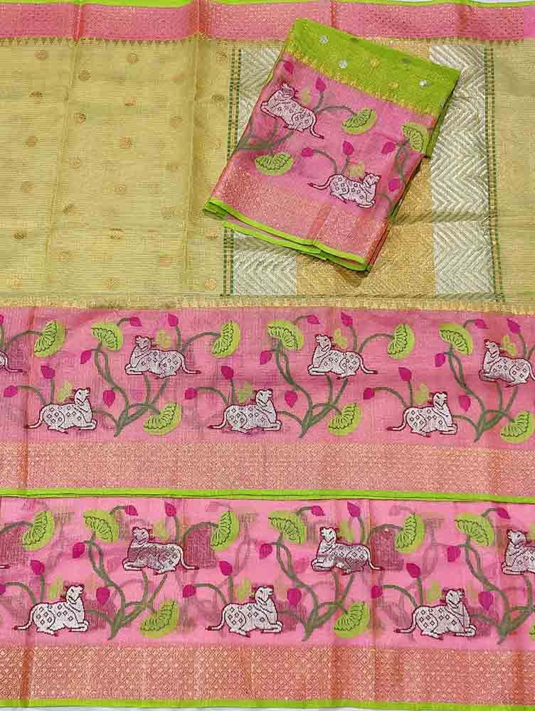 Green Handloom Kota Doria Real Zari Figure Design Saree - Luxurion World