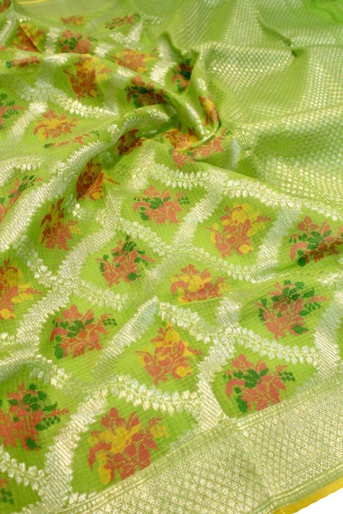 Green Handloom Kota Doria Real Zari Flower Design Saree - Luxurion World