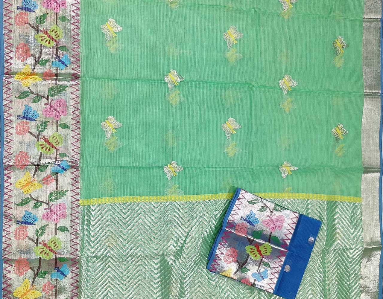 Green Handloom Kota Doria Real Zari Paithani Border Saree - Luxurion World