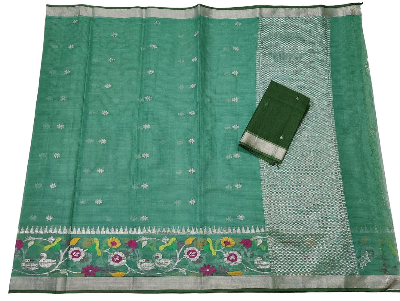 Green Handloom Kota Doria Real Zari Saree - Luxurion World