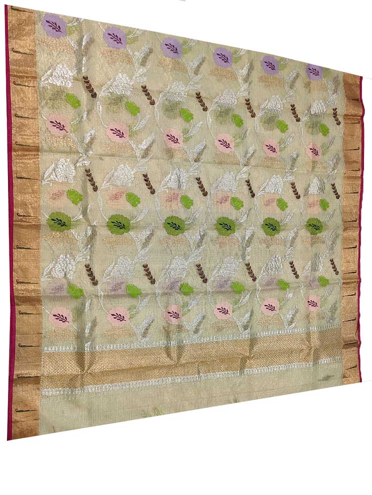 Green Handloom Kota Doria Tissue Silk Real Zari Dupatta - Luxurion World