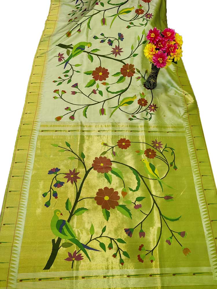 Green Handloom Paithani Pure Silk Bird And Floral Design Saree - Luxurion World