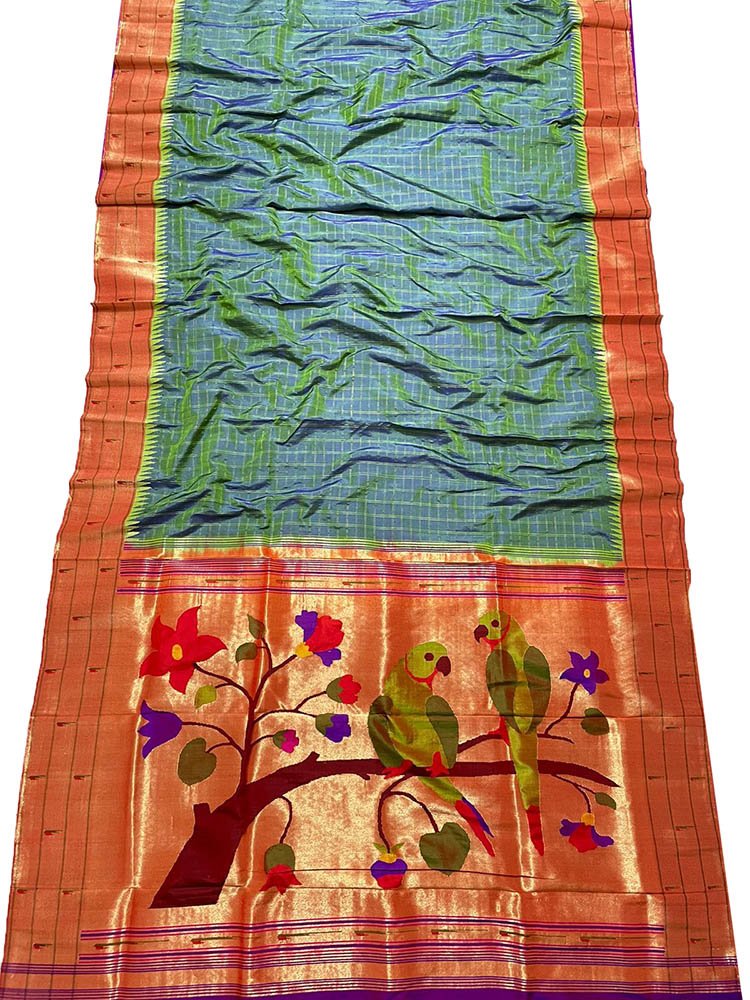 Green Handloom Paithani Pure Silk Triple Muniya Border Checks Design Saree - Luxurion World