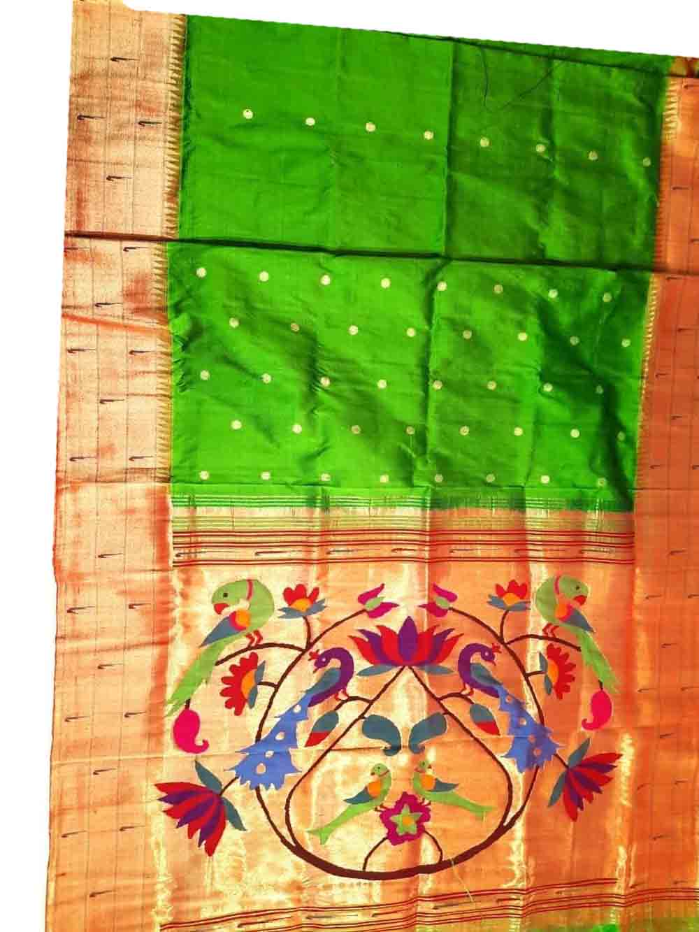 Green Handloom Paithani Pure Silk Triple Muniya Border Peacock And Parrot Design Saree - Luxurion World
