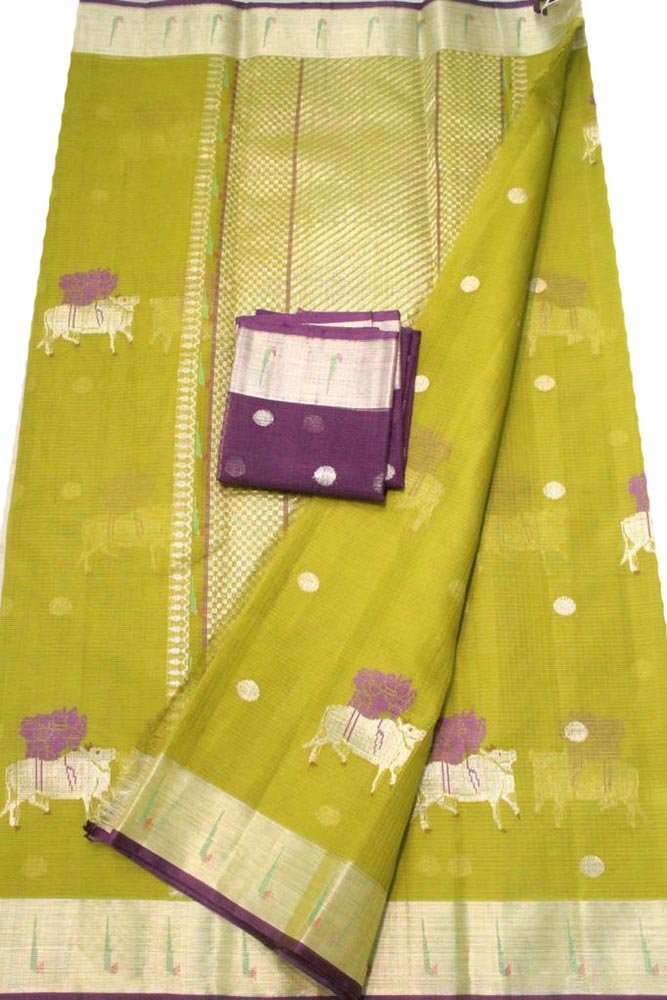 Green Handloom Pichhwai Kota Doria Real Zari Saree - Luxurion World
