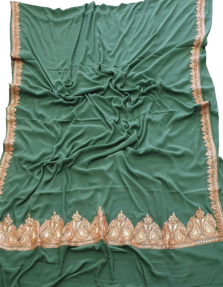 Green Plain Embroidered Kashmiri Tila Work Crepe Saree - Luxurion World