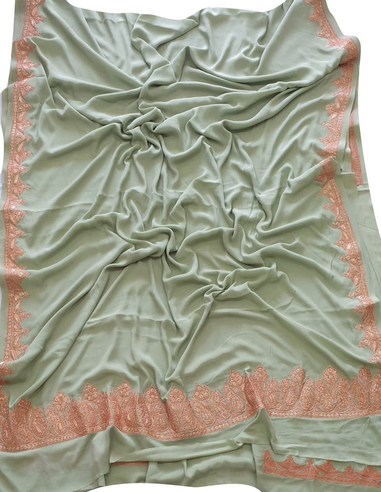 Green Plain Embroidered Kashmiri Tila Work Crepe Saree - Luxurion World