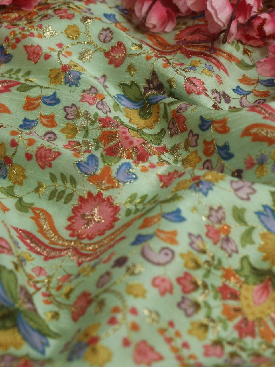 Green Trendy Chanderi Silk Printed Zari Work Fabric (1Mtr) - Luxurion World